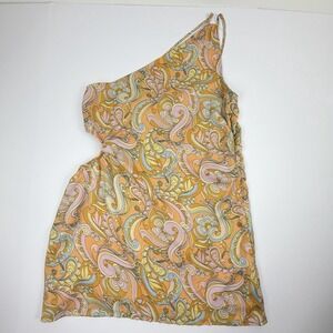 American Eagle One Shoulder Paisley Mini Dress Women's Large Orange Multi